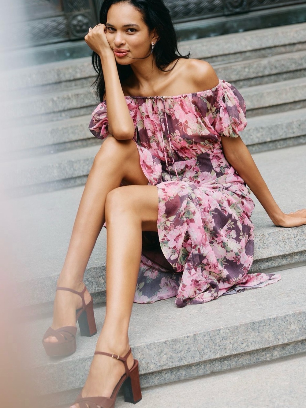 For Love & Lemons Pink Floral Off-Shoulder Midi Dress
